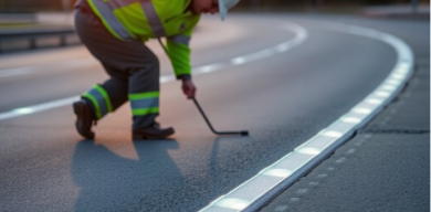 Dopravné značenie a gombíky na diaľnici